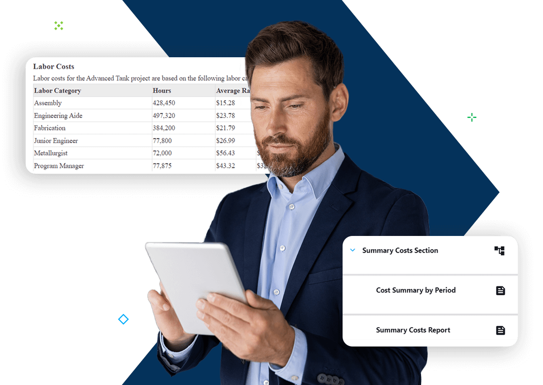 Professional reviewing project cost summary on a tablet with Deltek Propricer interface in the background.