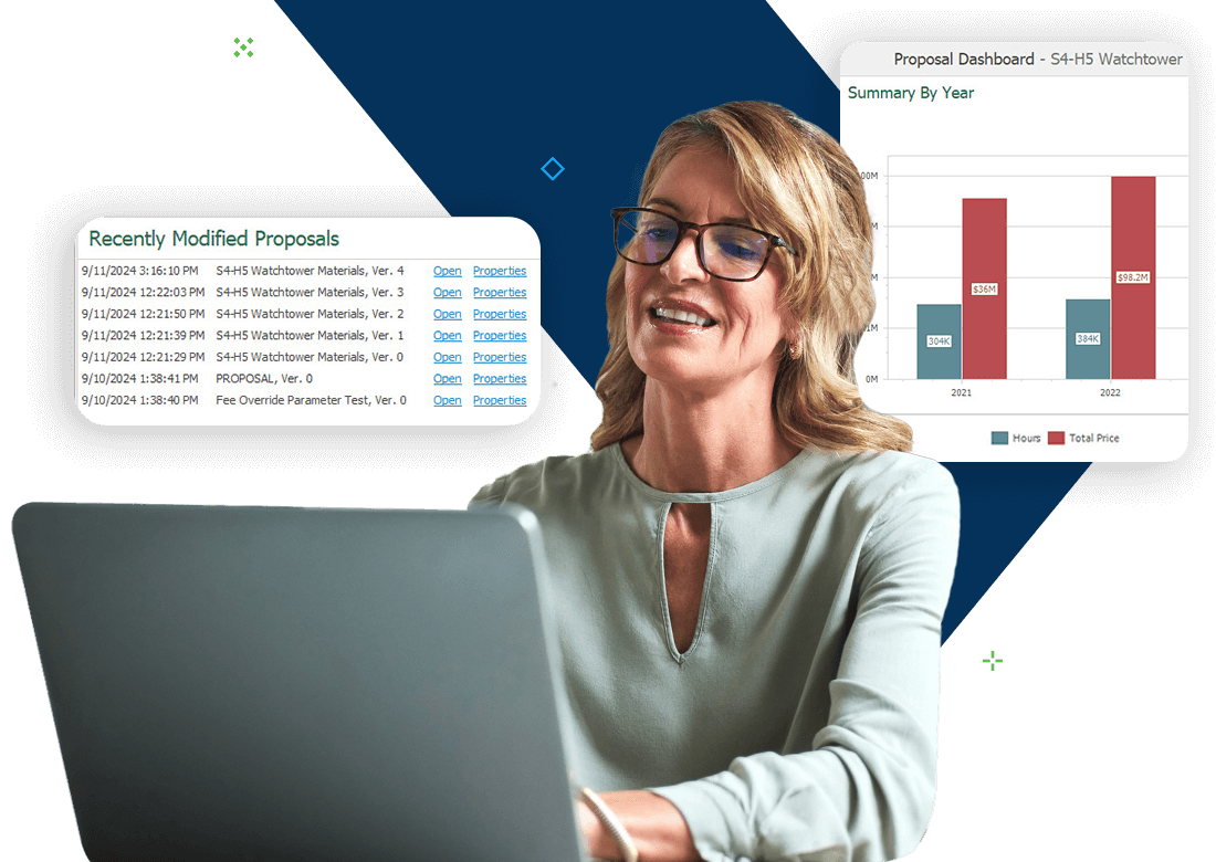 Smiling professional reviewing proposal dashboards and cost analysis charts on a laptop using Deltek Propricer.