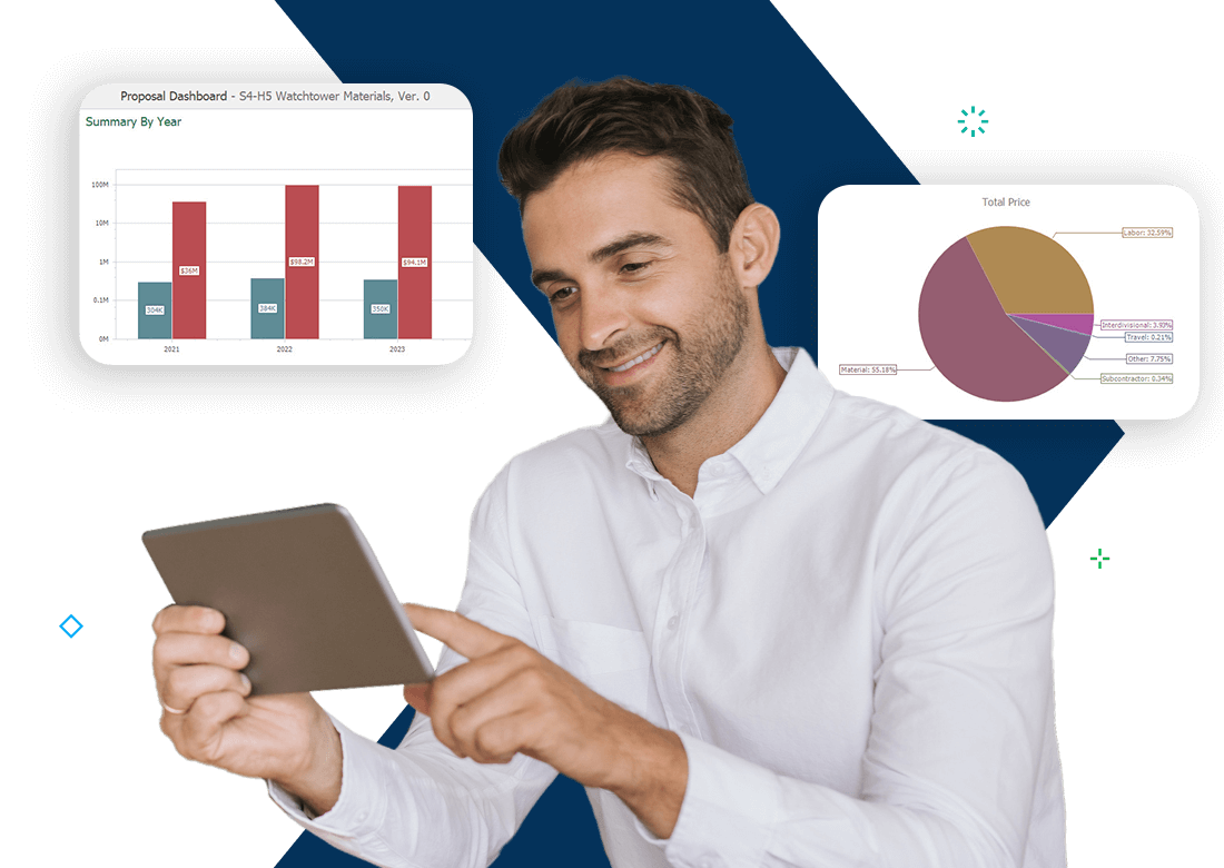 Professional reviewing proposal reports and cost breakdowns on a tablet, using government pricing and proposal software interface.