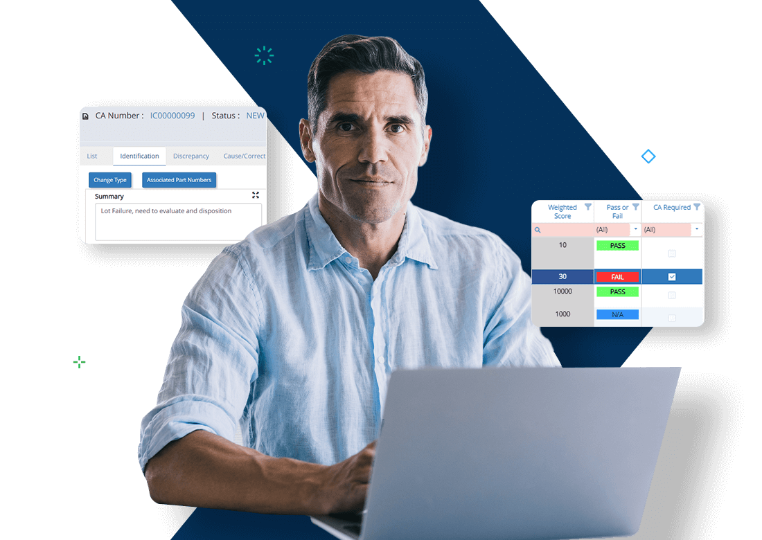 Manufacturing leader using laptop with Deltek TIP quality management system showing inspection reports and pass/fail metrics.
