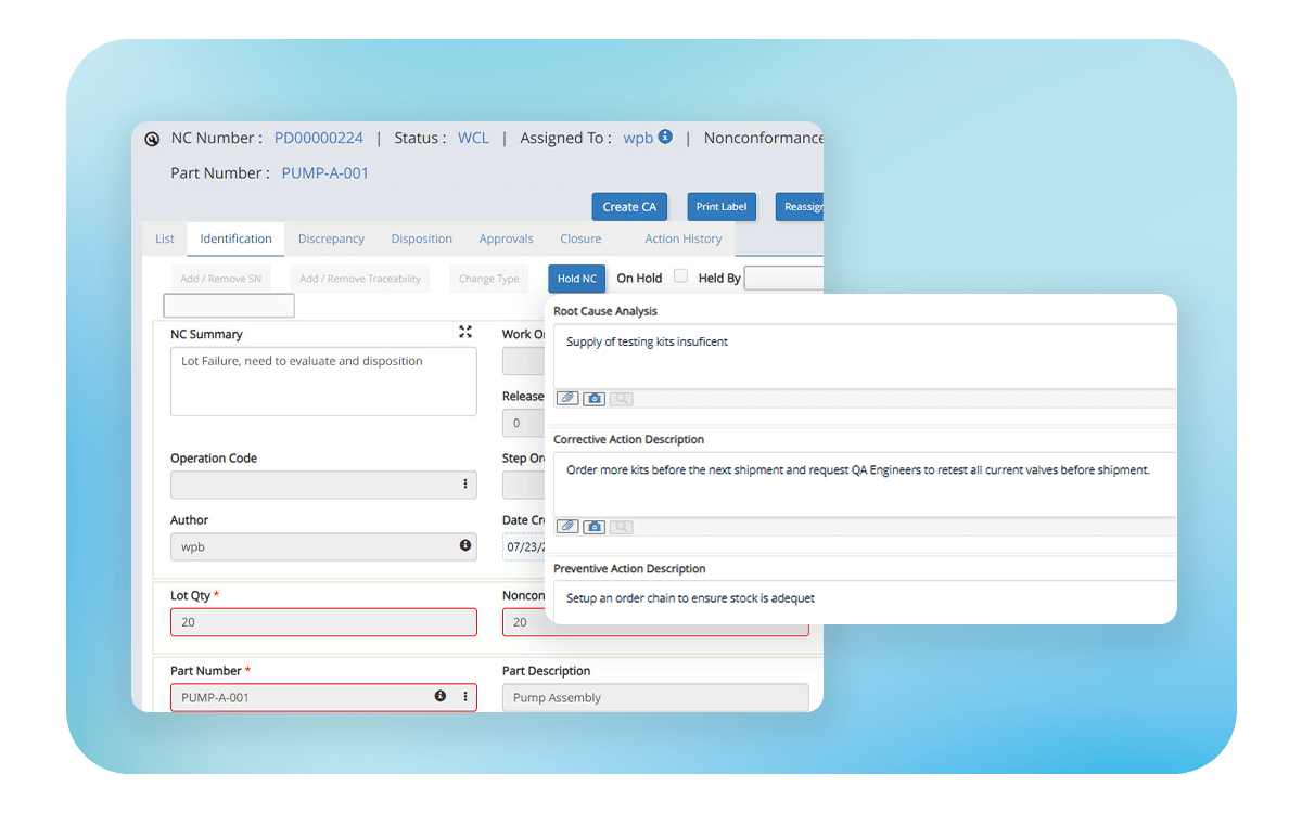 Deltek TIPQA interface showing nonconformance resolution steps including discrepancy tracking, root cause analysis, and corrective actions.