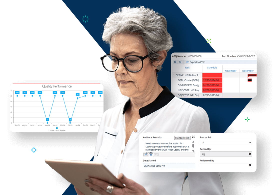 Quality manager using Deltek TIPQA QMS software for manufacturing to review audit remarks, part schedules, and performance metrics on a tablet.