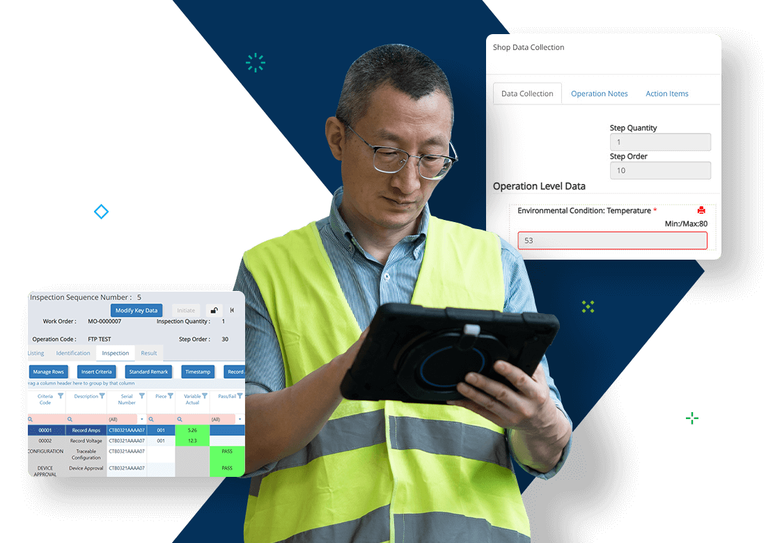 Manufacturing technician using Deltek TIPSFE shop floor software to track inspection data and work order progress on a tablet.