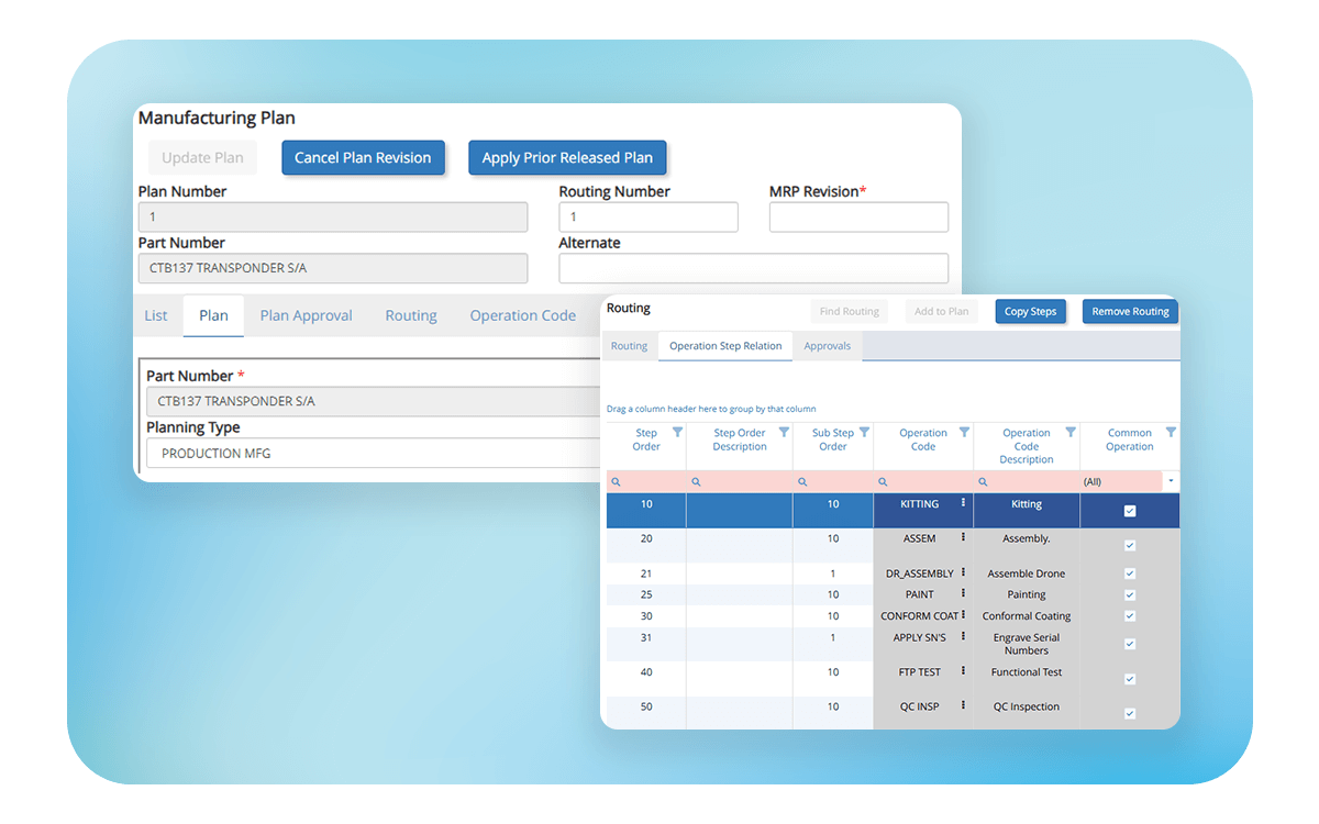 Deltek TIPSFE interface showing digital routing and approval workflows for manufacturing plan management.
