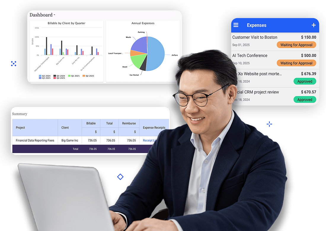 Project manager analyzing expense reports and billing data in Replicon time and expense software dashboard.