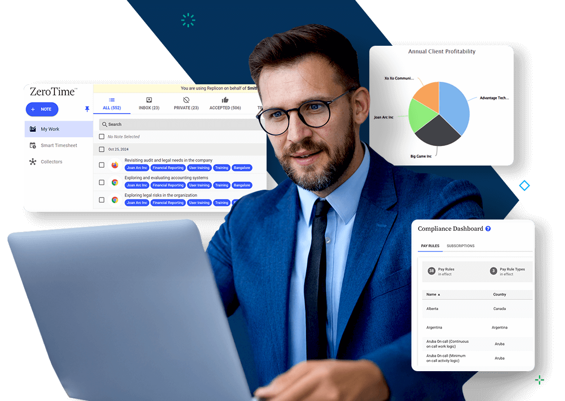 Professional using Deltek Replicon AI Time Tracking Software for smarter project management and compliance tracking