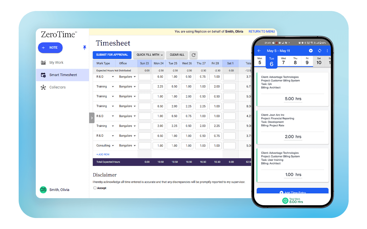 ZeroTime smart timesheet in Deltek Replicon AI Time Tracking Software showing automated project time and costs