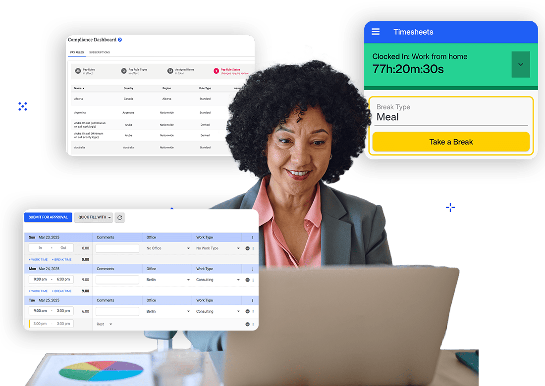 HR manager accessing workforce management software dashboards for compliance, scheduling, and time tracking.