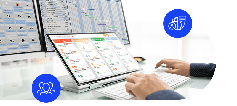 Workforce management software tools for scheduling shifts and monitoring compliance on desktop screens.