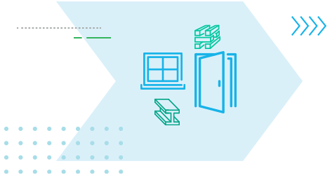 Graphic showing building product elements like windows, doors, and other building materials