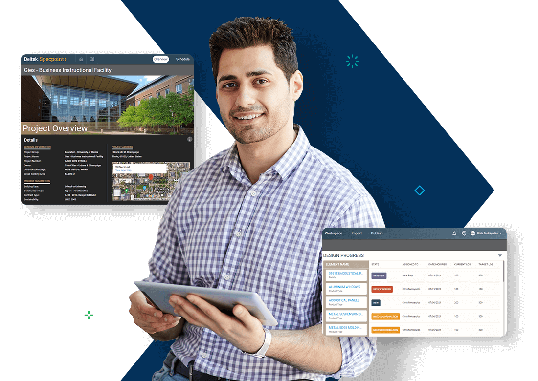 Architect holding tablet with Deltek Specpoint software showing construction specifications and design progress dashboard.