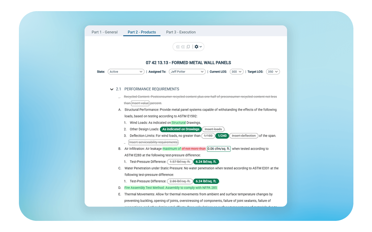 Interface showing formed metal wall panel specifications with performance requirements, illustrating how design teams maintain up-to-date construction documentation using Specpoint.