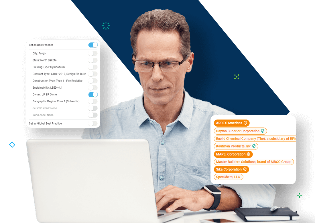Specpoint Best Practices dashboard showing firm standards and manufacturer preferences for specification management.