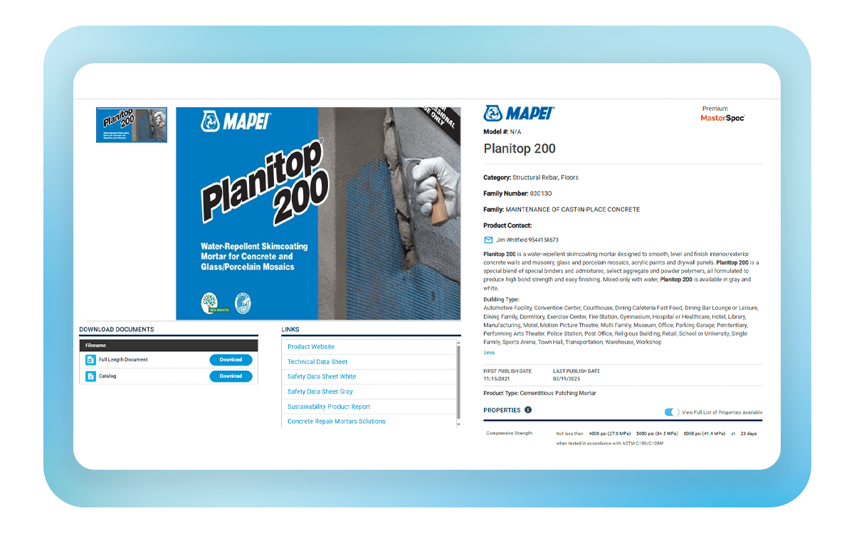 Product listing card for MAPEI Planitop 200 in Deltek Specpoint, showing detailed product data, category, and downloadable specification documents.