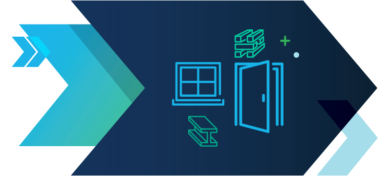 Graphic showing building product elements like windows, doors, and materials representing building product specifications.