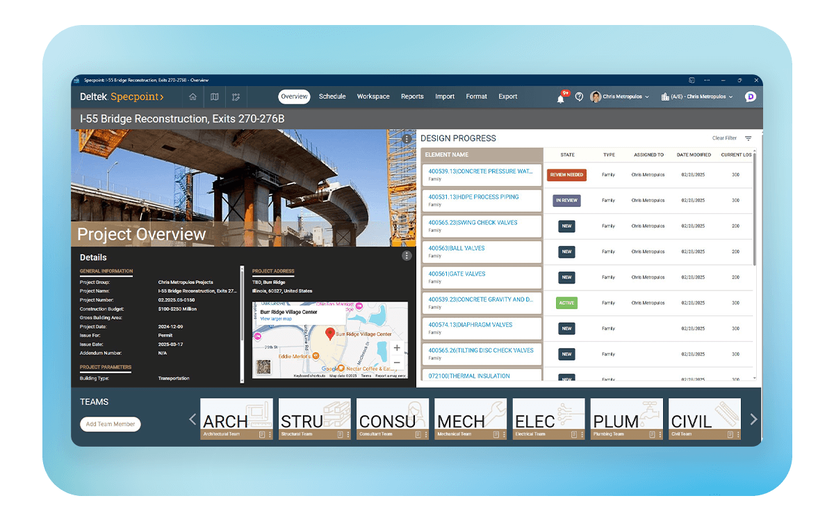 Deltek Specpoint dashboard showing centralized spec management and design progress for I-55 bridge reconstruction project.