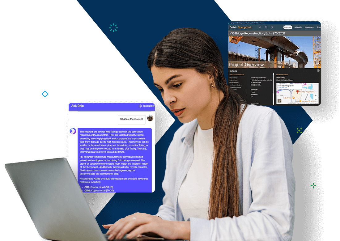 Deltek SpecText interface showing infrastructure specifications for I-55 bridge reconstruction with Ask Dela support chat.