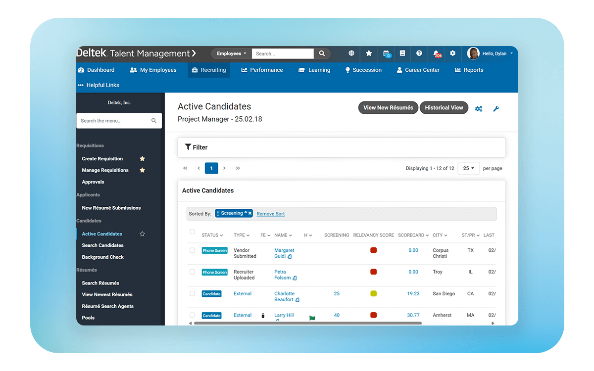 Recruiting software interface displaying candidate relevancy and screening scores.