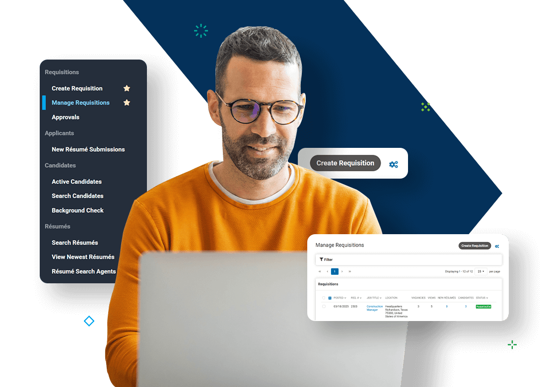 Recruiter using Deltek Talent Acquisition Software to manage requisitions and candidate profiles on laptop.