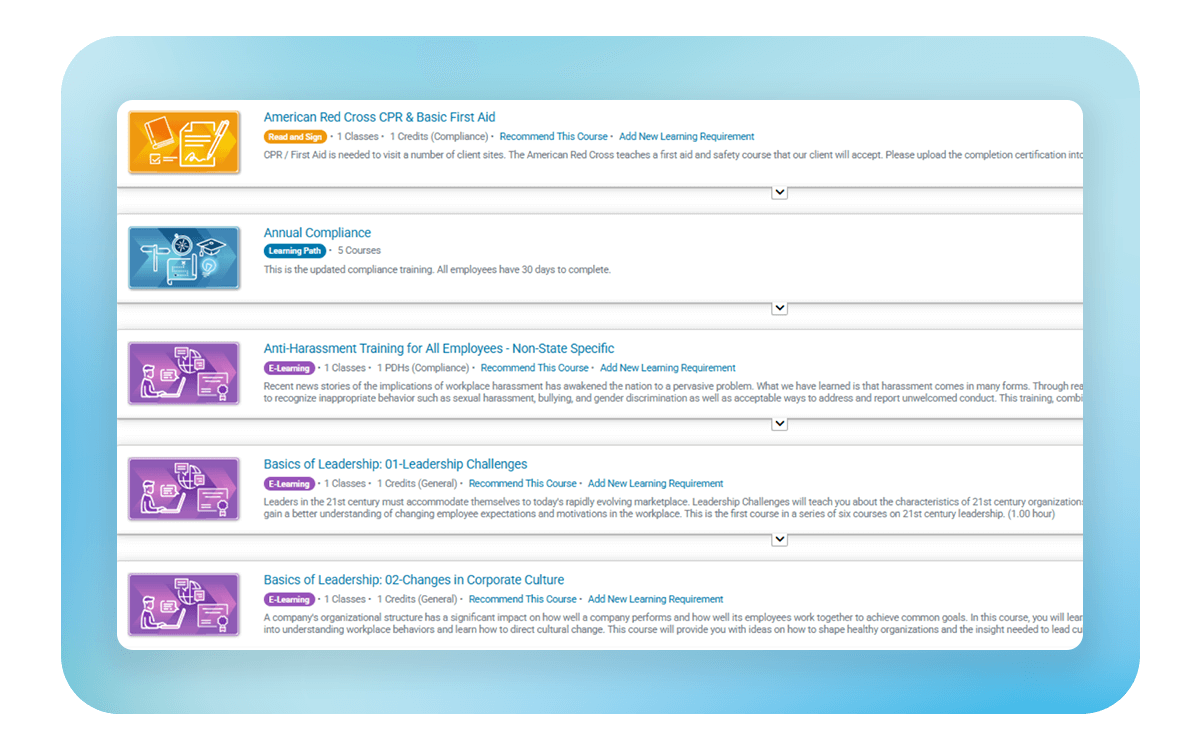 Interface showing organized list of training programs with course details and management options for workforce development.