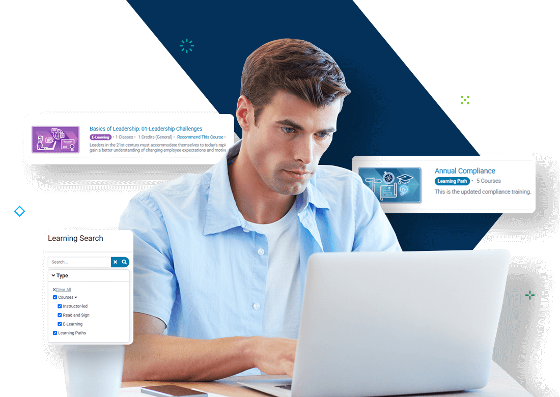 Professional using Learning Management Software to browse training modules and certifications on a laptop.