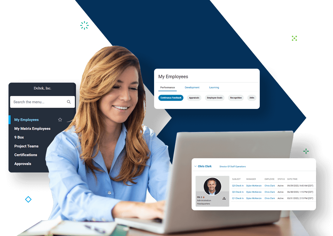 Manager using Deltek performance management software to analyze employee performance, track project progress, and generate development reports.