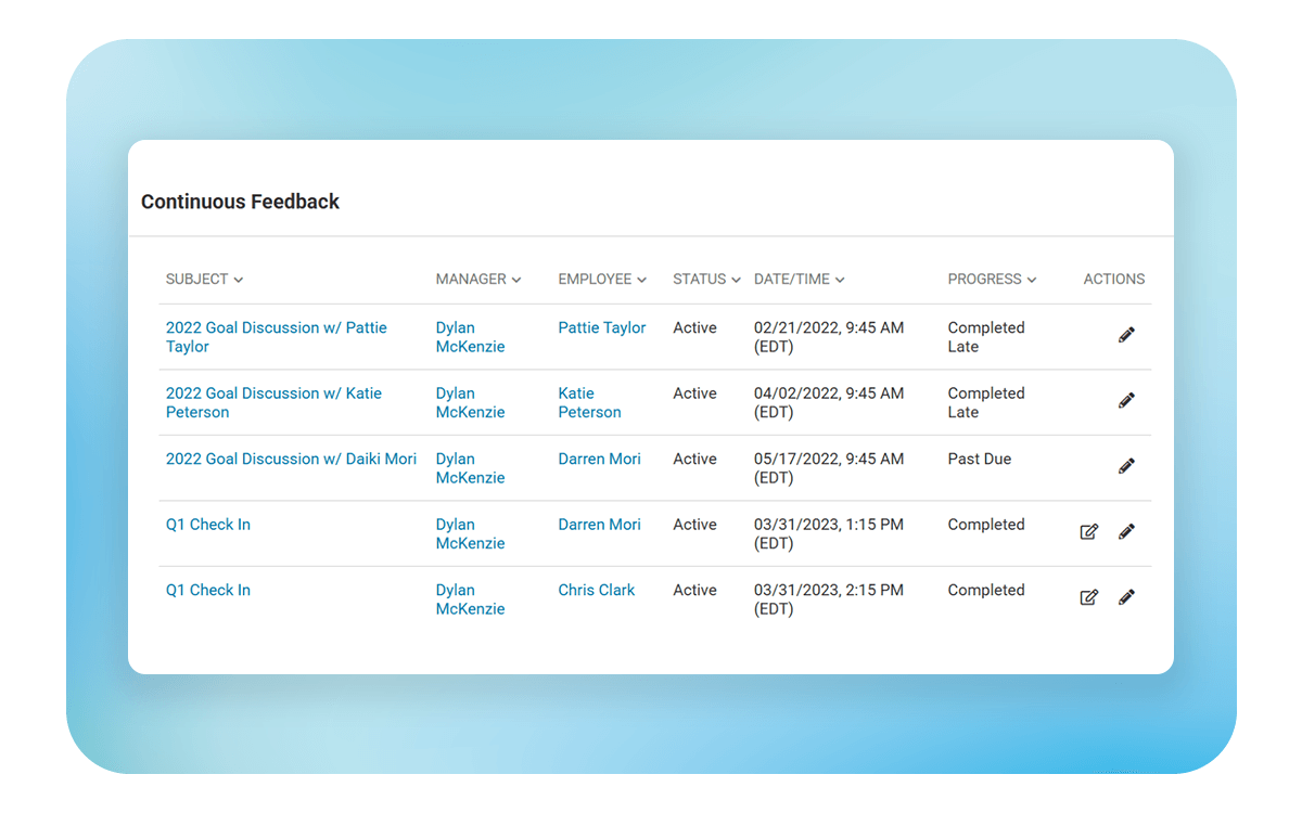 Manager interface in Deltek Talent Management showing continuous feedback sessions, employee progress, and goal alignment tools.