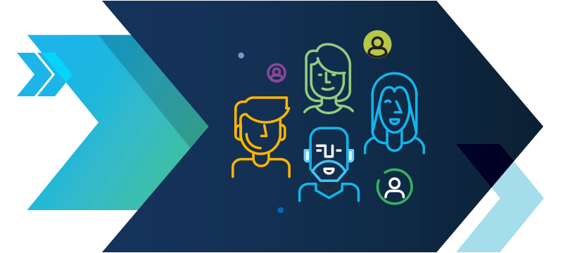 Illustration of a diverse team connected by directional arrows and icons, symbolizing collaboration, growth, and smarter performance management.