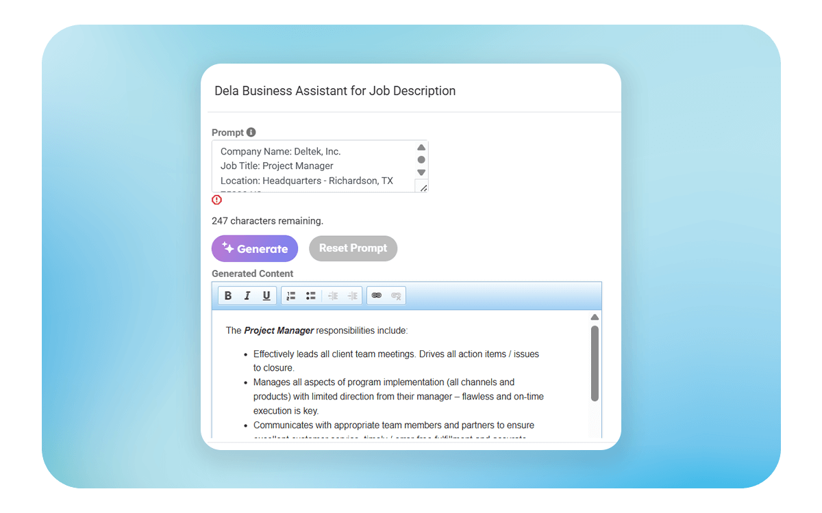 Screenshot of Deltek’s Dela Business Assistant generating a Project Manager job description.