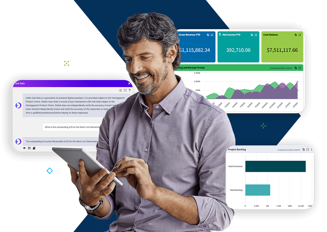 Business professional using tablet with dashboards, showing Deltek Vantagepoint professional services accounting software.
