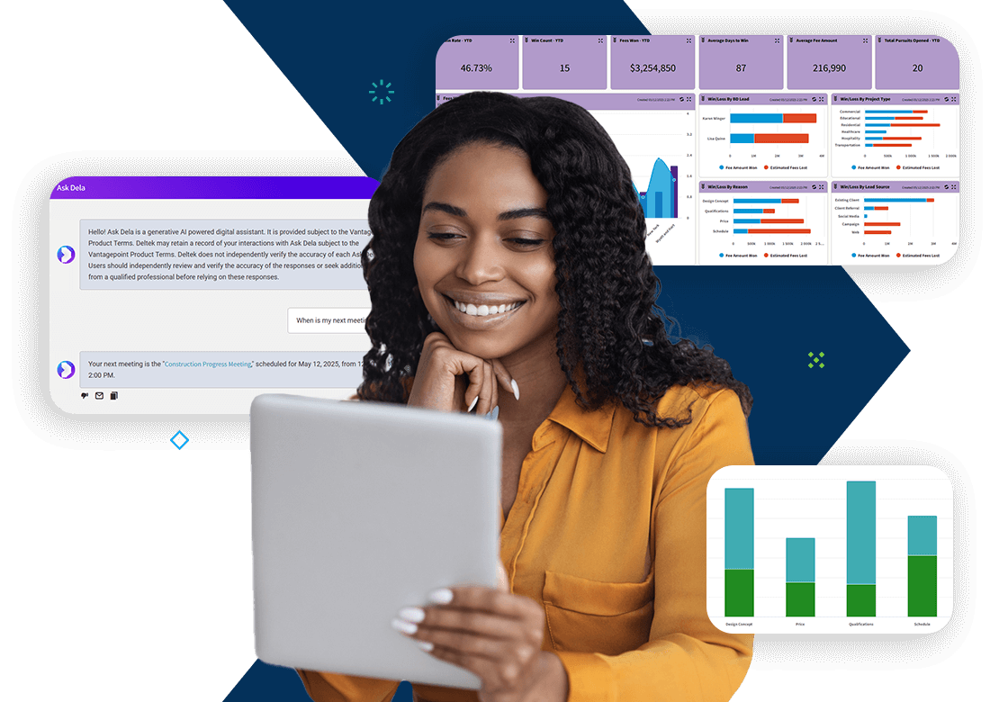 Smiling professional using tablet with CRM dashboards and AI assistant interface, showcasing Deltek Vantagepoint CRM for professional services.