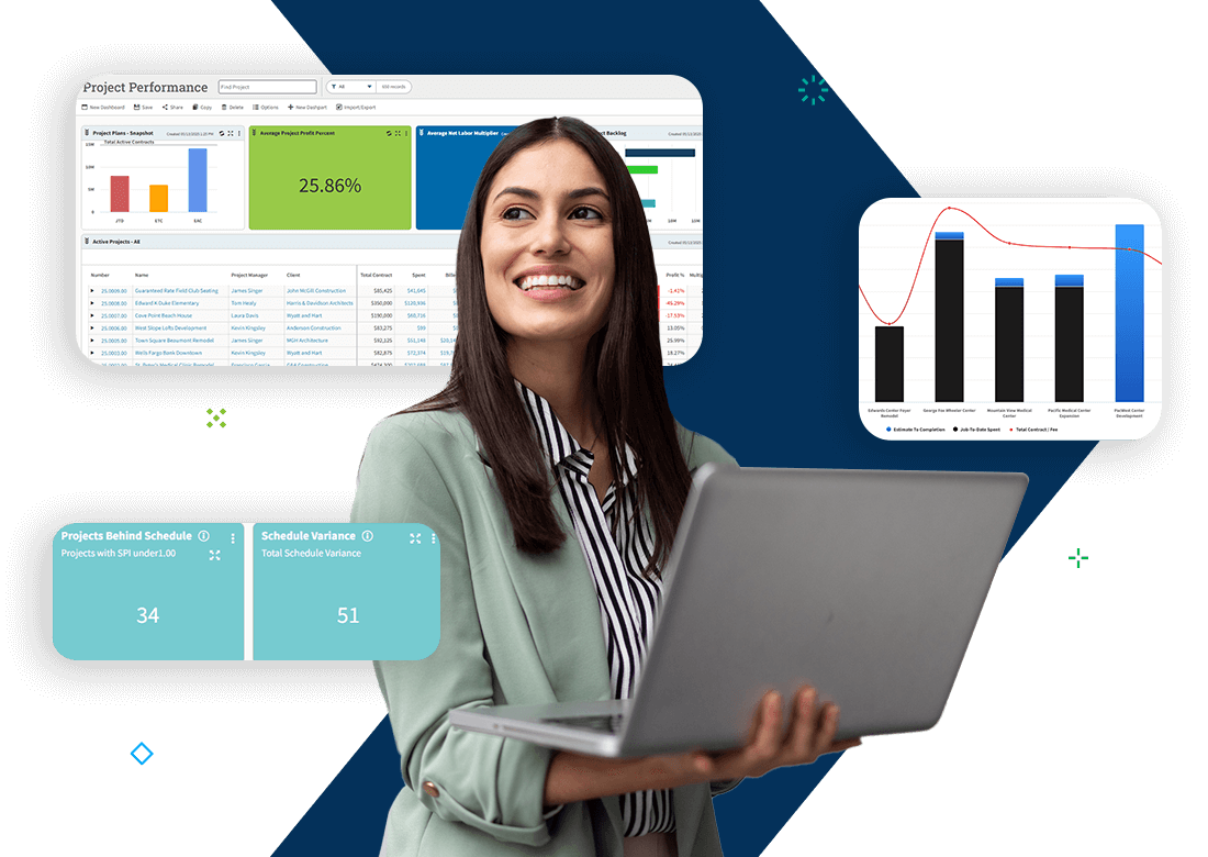 Woman with laptop in front of dashboards, showcasing Deltek Vantagepoint project management software for professional services.