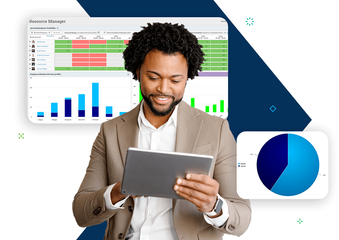 Professional using tablet with resource dashboards in Deltek Vantagepoint resource management software for professional services.