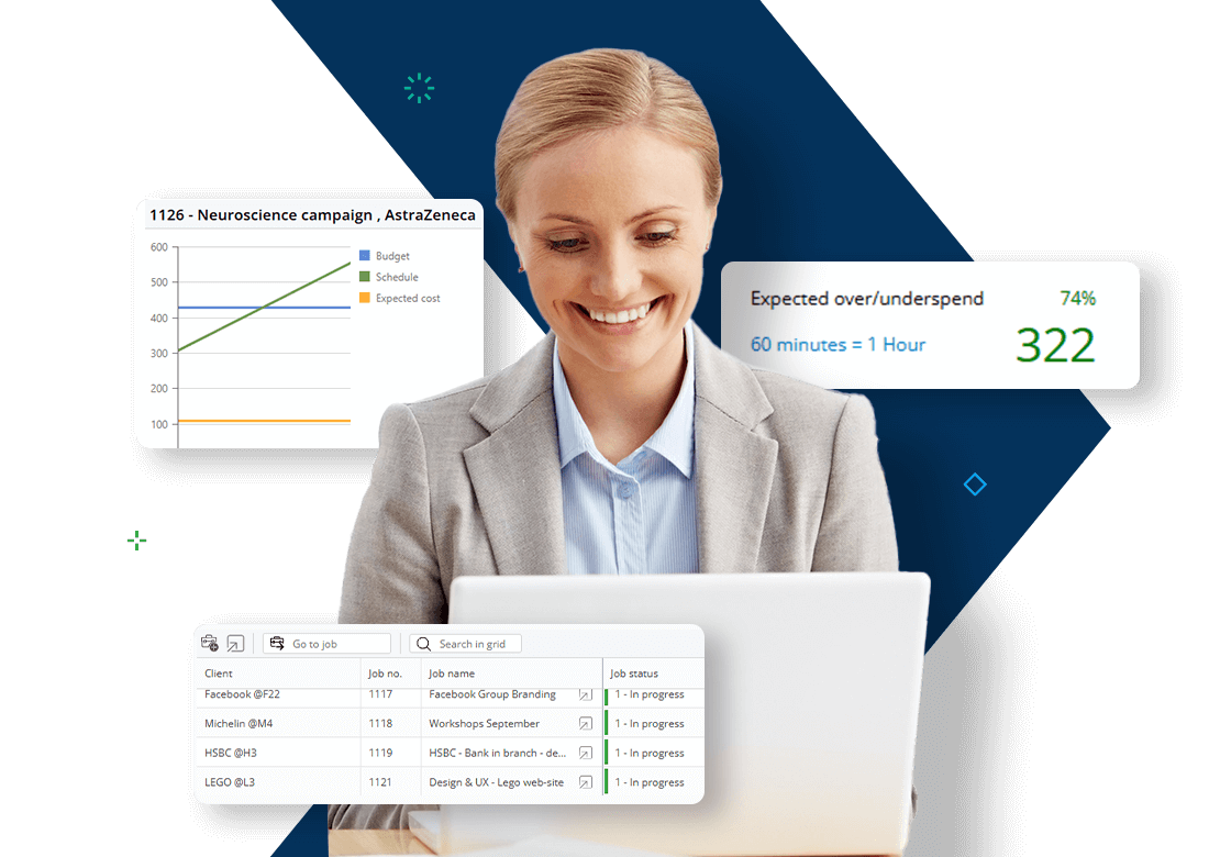 Marketing agency leader using Deltek WorkBook agency management software to track budgets, schedules, and job progress.