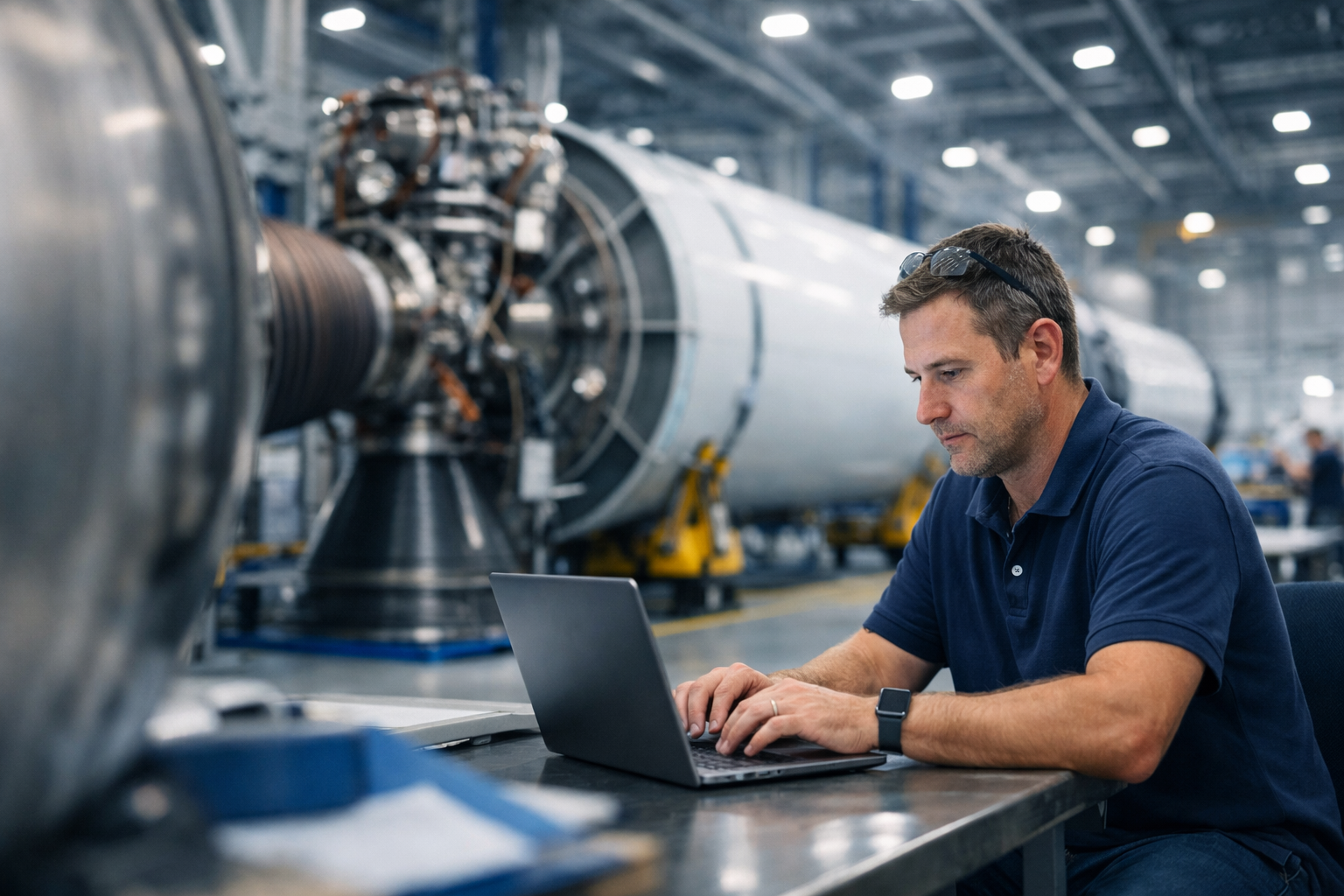 Technician working on laptop in industrial facility with large machinery