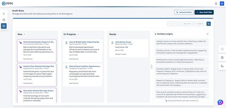 Review and refine Dela-generated and user-submitted risks on the Draft Risk Board before promoting them to the formal Risk Register.