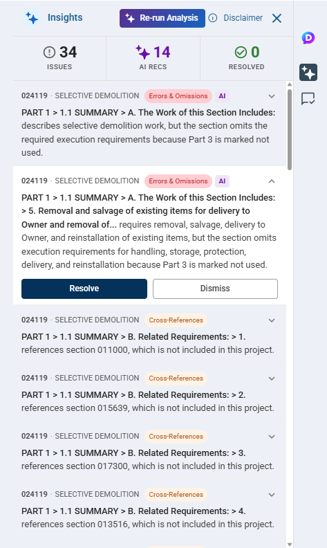 Insights pane in Deltek Specpoint for better review