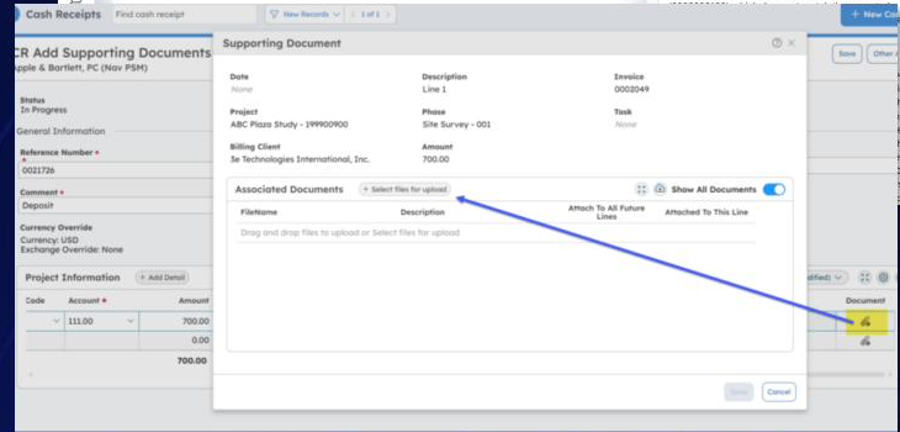 Upload supporting documents directly to a cash receipt so the record stays complete from entry through review.