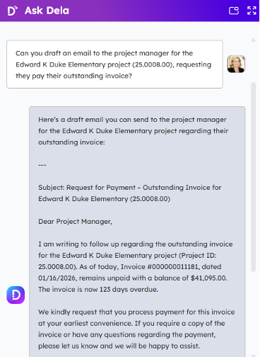 Dela drafts the email from your project data, so you just edit and send