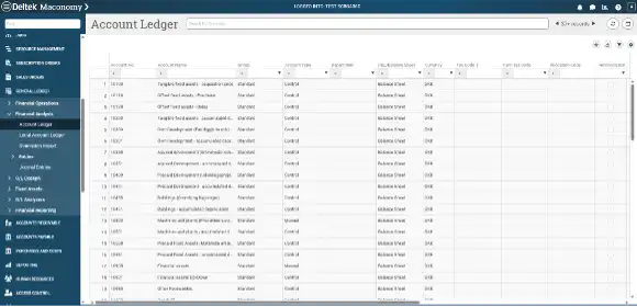 Deltek Maconomy Web Client Financial Analysis submenu showing Account Ledger, Dimension Report, and Journal Entries