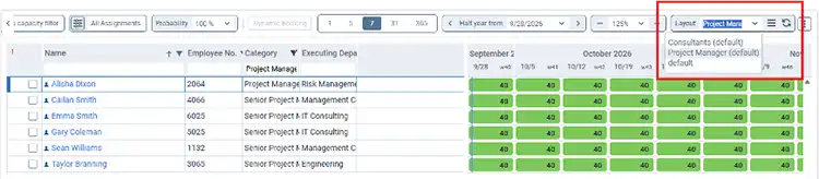 Deltek Maconomy People Planner personal layout versions with separate columns, sorting, and filters