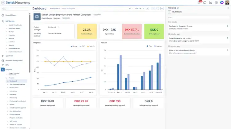 Deltek Maconomy Ask Dela chat history showing AI-generated thread titles