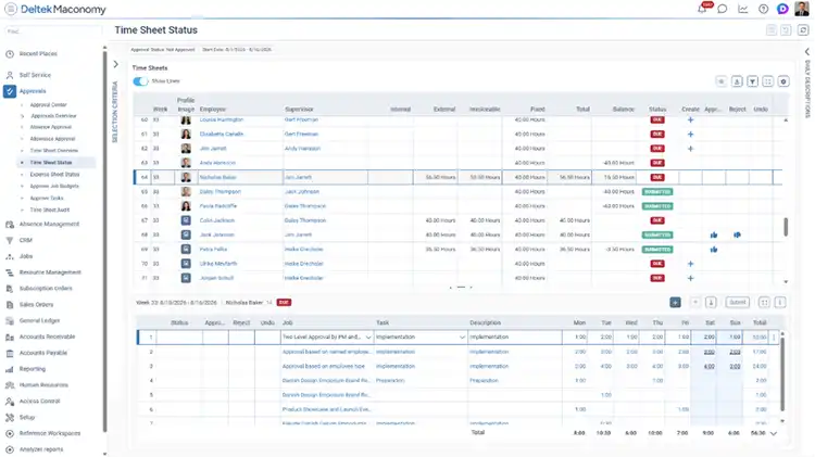 Deltek Maconomy Time Sheet Status workspace showing the new Table Details component