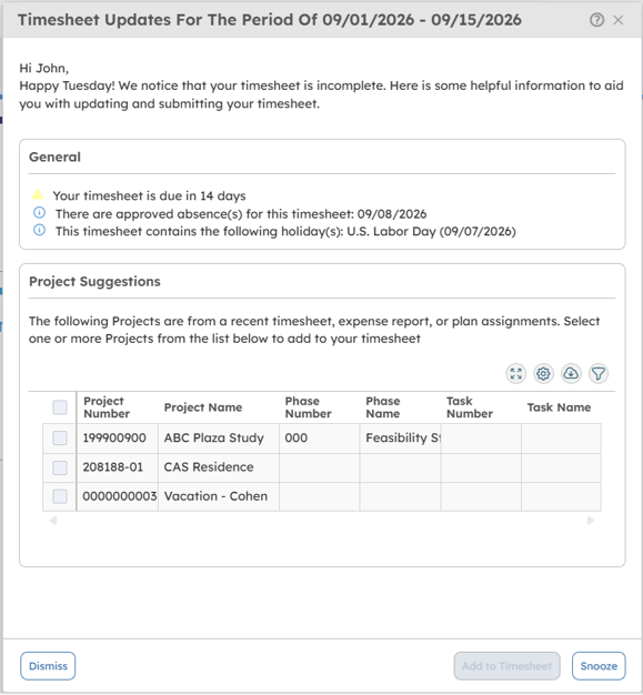 Timesheet Assist suggests relevant projects based on past assignments and current project plans, reducing time spent searching for the right coding.