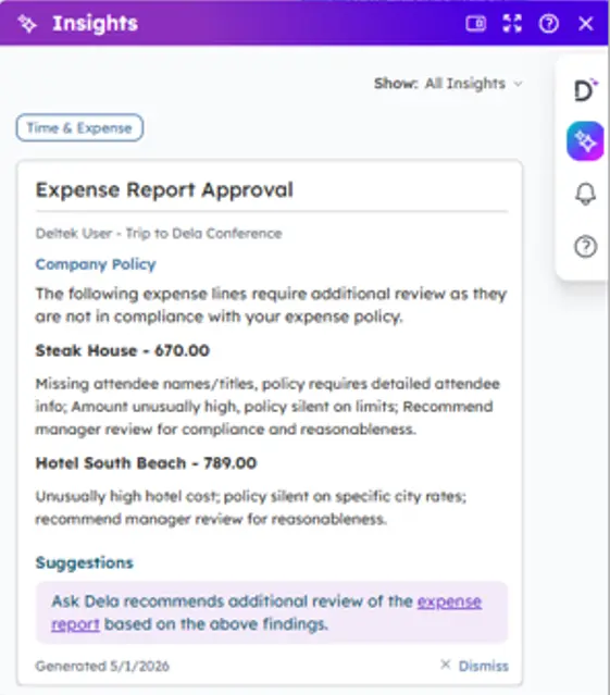 When an expense violates policy, Dela identifies the specific line item, explains the issue, and suggests corrective action—no manual cross-referencing required.