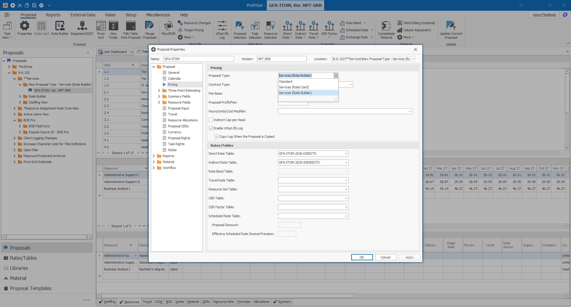 Selecting the services proposal type activates a purpose-built workflow for labor-driven proposals from the moment the proposal is created.