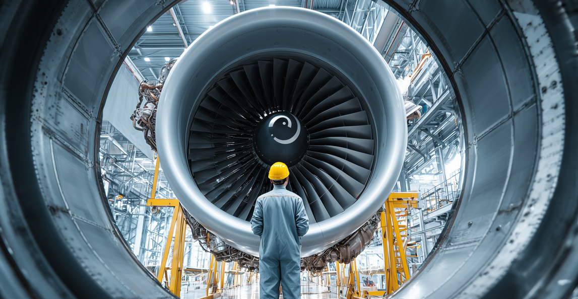 Aerospace engineer inspecting a large jet turbine engine in a manufacturing facility for quality management compliance