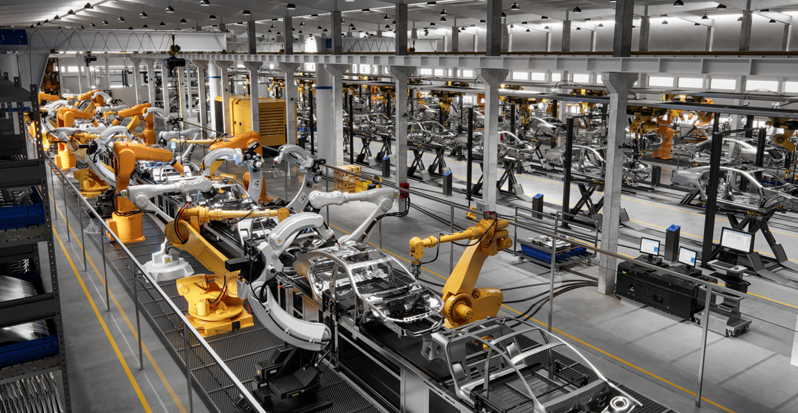 Automated robotic assembly line in a large manufacturing facility managed with ERP software