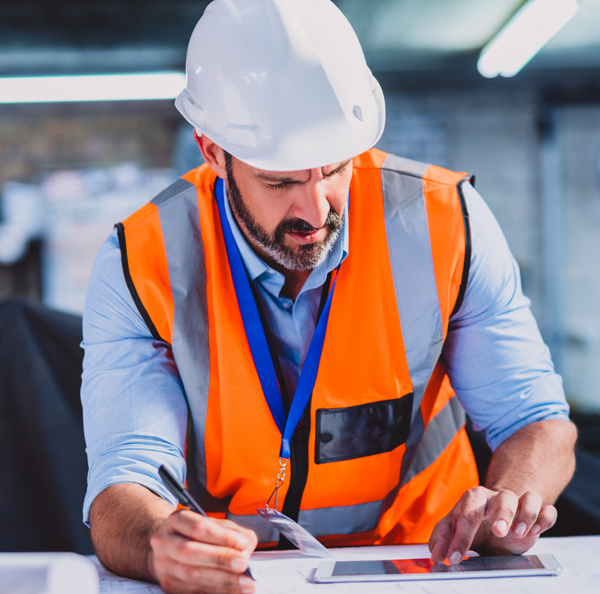 Construction contractor reviewing payroll calculations on a job site