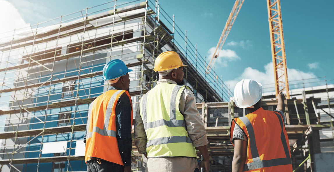 Construction workers looking up at building